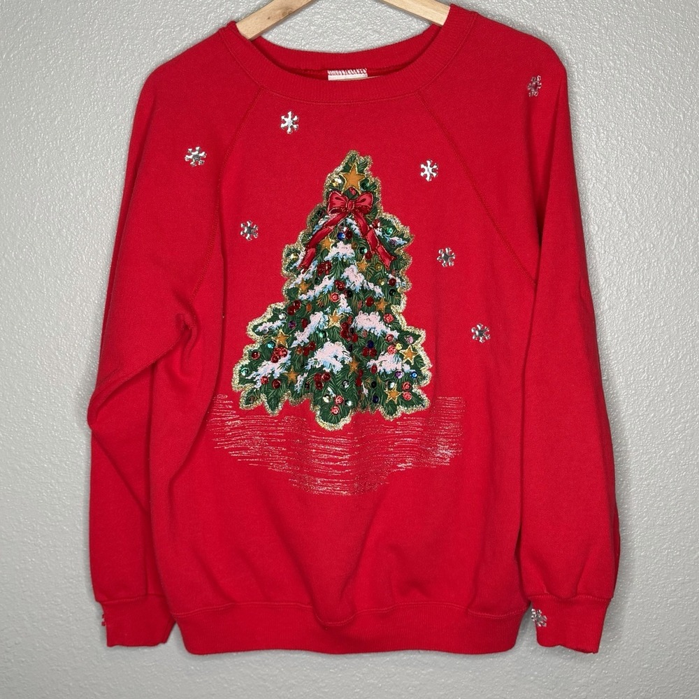 VTG 90s Handpainted Christmas Tree Sweatshirt Women L Hanes USA Holiday Sequin